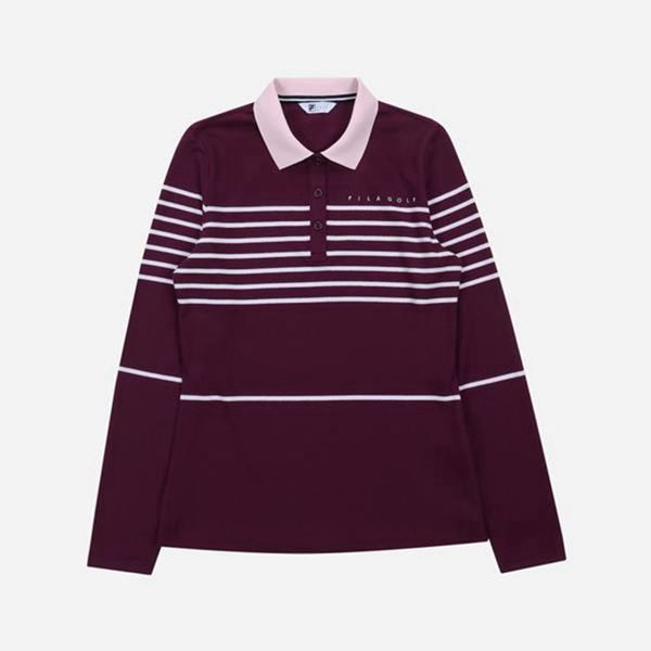 Fila Golf Striped Pique L/S Women's Polo Shirts - Burgundy,NZ 597-63085